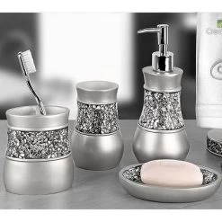 Creative Scents Gray Bathroom Silver Mosaic Glass Accessories Set