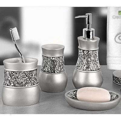 Creative Scents Gray Bathroom Silver Mosaic Glass Accessories Set