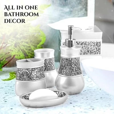 Creative Scents Gray Bathroom Silver Mosaic Glass Accessories Set - Image 4