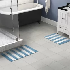 2pc Striped Washable Bathroom Rug Set Basin Blue/White - Garland Rug