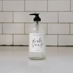 Sweet Water Decor Clear Glass White Script Label Dish Soap Dispenser - 16oz