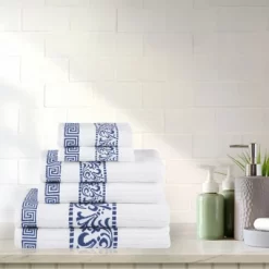 100% Cotton Medium Weight Floral Border Infinity Trim 6 Piece Assorted Bathroom Towel Set By Blue Nile Mills