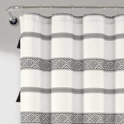 72"x72" Ava Boho Striped Tassel Yarn Dyed Eco-Friendly Recycled Cotton Shower Curtain Black/White - Lush Décor
