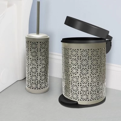 Laser Cut Pewter Step Garbage Trash Can & Toilet Brush Holder With Lid Pewter - Nu Steel