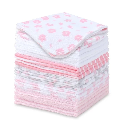 The Peanutshell Baby Hooded Towels And Washcloths Bath Set, 23-Piece, Daisy Clean Girls, Pink/White - Image 4