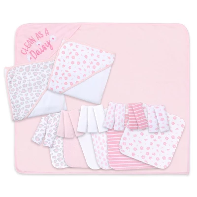 The Peanutshell Baby Hooded Towels And Washcloths Bath Set, 23-Piece, Daisy Clean Girls, Pink/White - Image 2