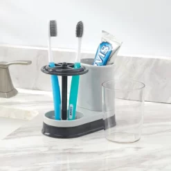 MDesign Toothpaste/Toothbrush Holder Stand Center, Rinse Cup/Cover