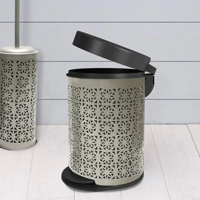 Laser Cut Pewter Step Garbage Trash Can & Toilet Brush Holder With Lid Pewter - Nu Steel - Image 2